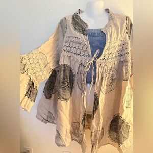 Belle France 100% Linen Open Front Artsy Print Tunic Top Size large